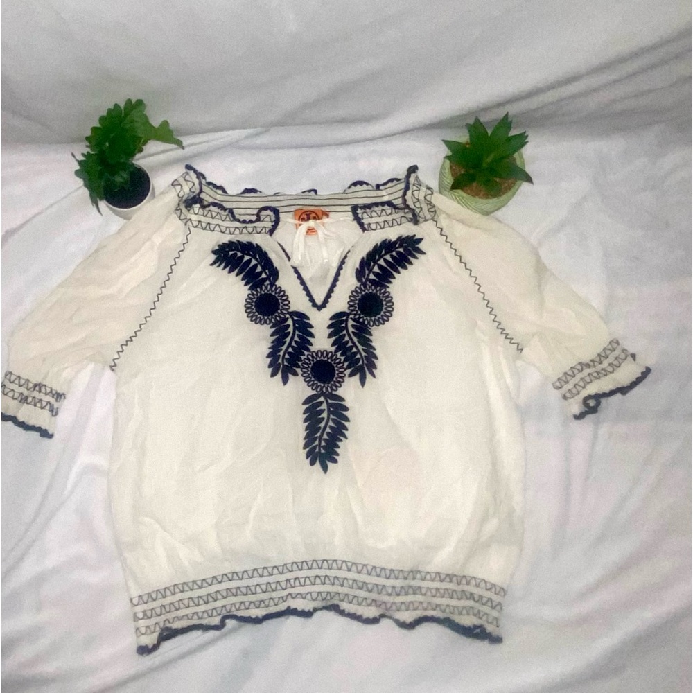 Tory Burch White and Navy Blouse